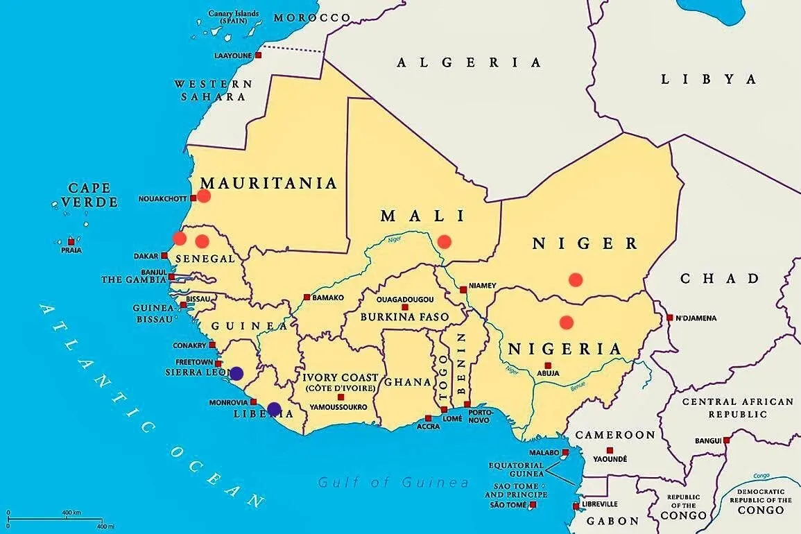 Kart over Vest-Afrika med Mauritania, Senegal, Mali, Niger og Nigeria