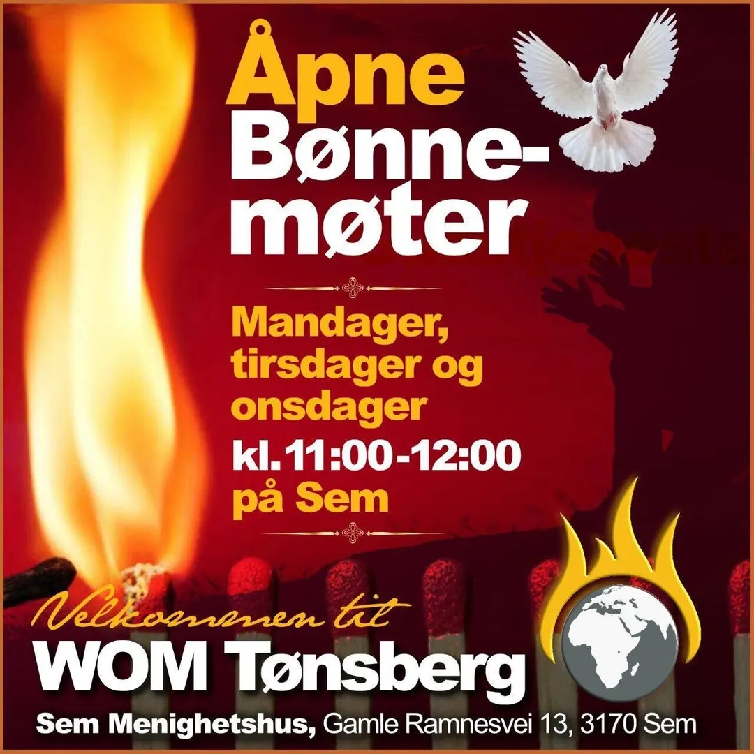 Plakat: Åpne bønnemøter mandager, tirsdager og onsdager kl. 11.00 til 12.00 på Sem